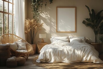 mockup frame in a light cozy bedroom interior featuring a serene atmosphere and simple design elements this scene invites a sense of calm and relaxation perfect for showcasing art