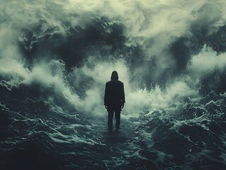 A Solitary Figure Stands at the Edge of a Vast Turbulent Ocean   Symbolic Final Journey