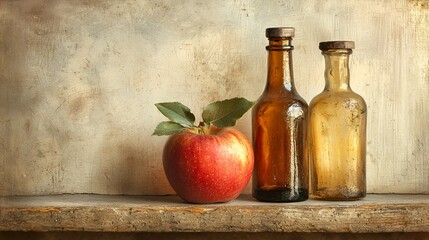 Rustic Still Life: Apple and Antique Bottles in Warm Light