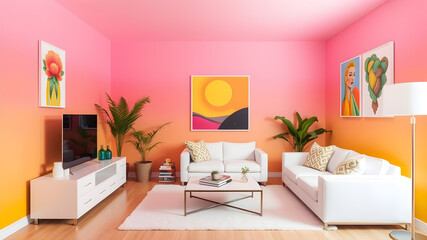 Sunset Hues Living Room: A vibrant living room bathed in sunset hues, featuring a gradient pink and...