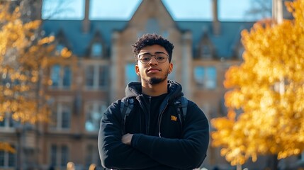 A student standing in front of a university campus, looking confident and ready to take on the challenges ahead, symbolizing ambition
