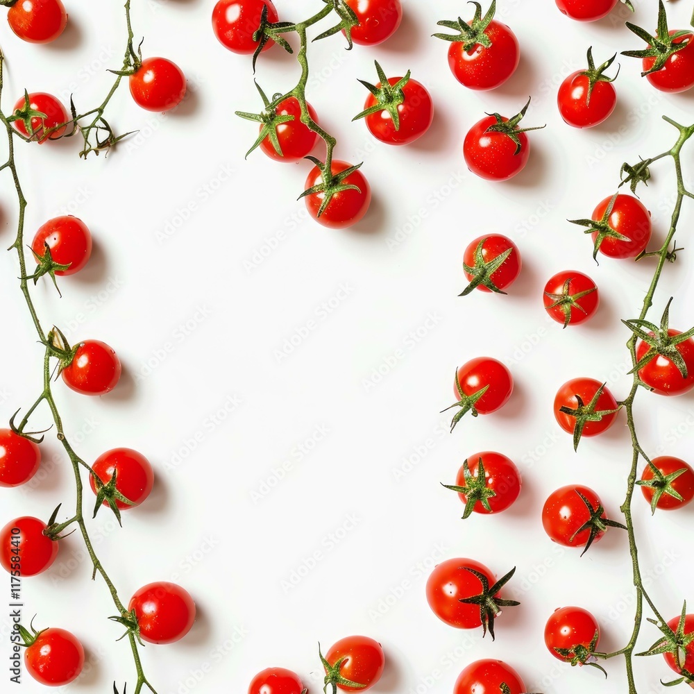 Poster freshly picked cherry tomatoes branches are making a frame on a white background, creating an empty 