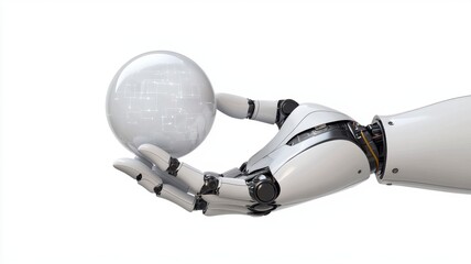 Futuristic 3D Render of a Sleek Robot Hand Holding a Transparent Sphere with Intricate Technology Patterns for Innovative Conceptual Imagery
