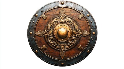Naklejka premium Ornate Wooden Shield with Metal Rim Displayed on White Background.