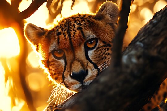 Cheetah hiding behind branch at sunset in african savanna