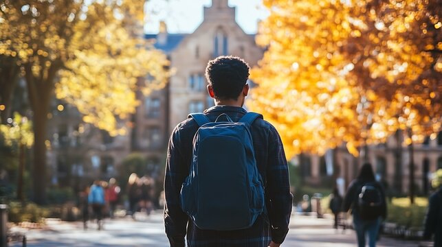 A student with a backpack walking confidently on a university campus, symbolizing the journey toward achieving their life goals