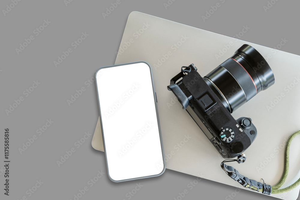 Poster top view of smartphone mock up screen on the white table with copy space. camera on white table back