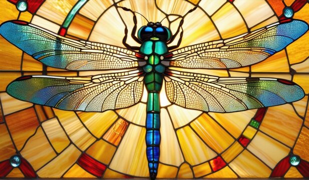 A vibrant stained glass dragonfly with iridescent wings, poised against a backdrop of a colorful sunset.