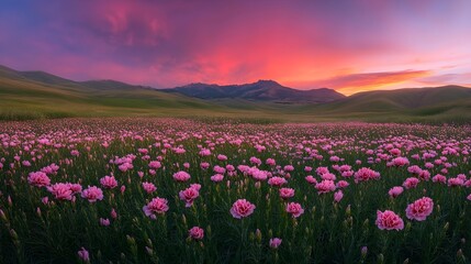 Fototapeta premium Pink Flower Field at Sunset with Mountain Range