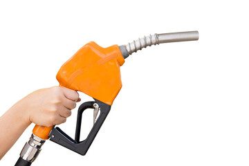 Hand with fuel gun and pouring gasoline or diesel. Backdrop with selective focus and copy space.