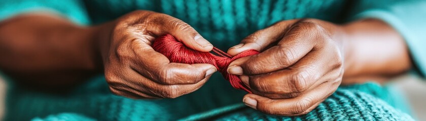 Close-up of a Person's Hands Skillfully Working with Red Yarn, Engaging in Crafting, Textiles, and Creative Arts in a Cozy Setting