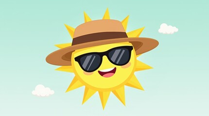 Cheerful Cartoon Sun Character Wearing Sunglasses and a Hat on a Clear Day