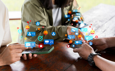People engaging in networking with technology. Social media addiction concept. Social media network...
