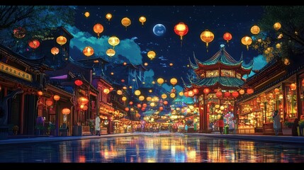 Illuminated Asian Street Night Scene With Lanterns
