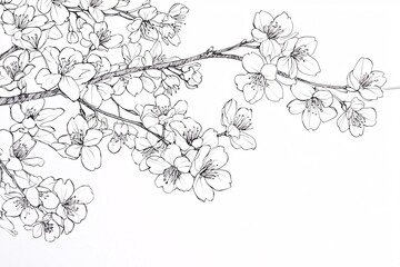 Elegant Black and White Ink Drawing of Cherry Blossoms Spring Floral Branch Nature Art