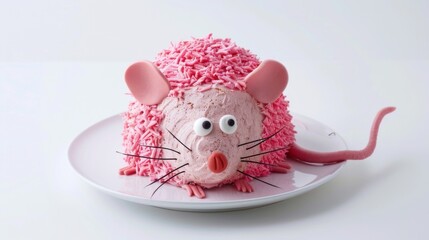 Funny chaos cute rat cake, messy frosting, vibrant colors, quirky design, Valentine theme, birthday celebration, ugly cake aesthetic, humorous dessert, playful party decoration, unique concept.