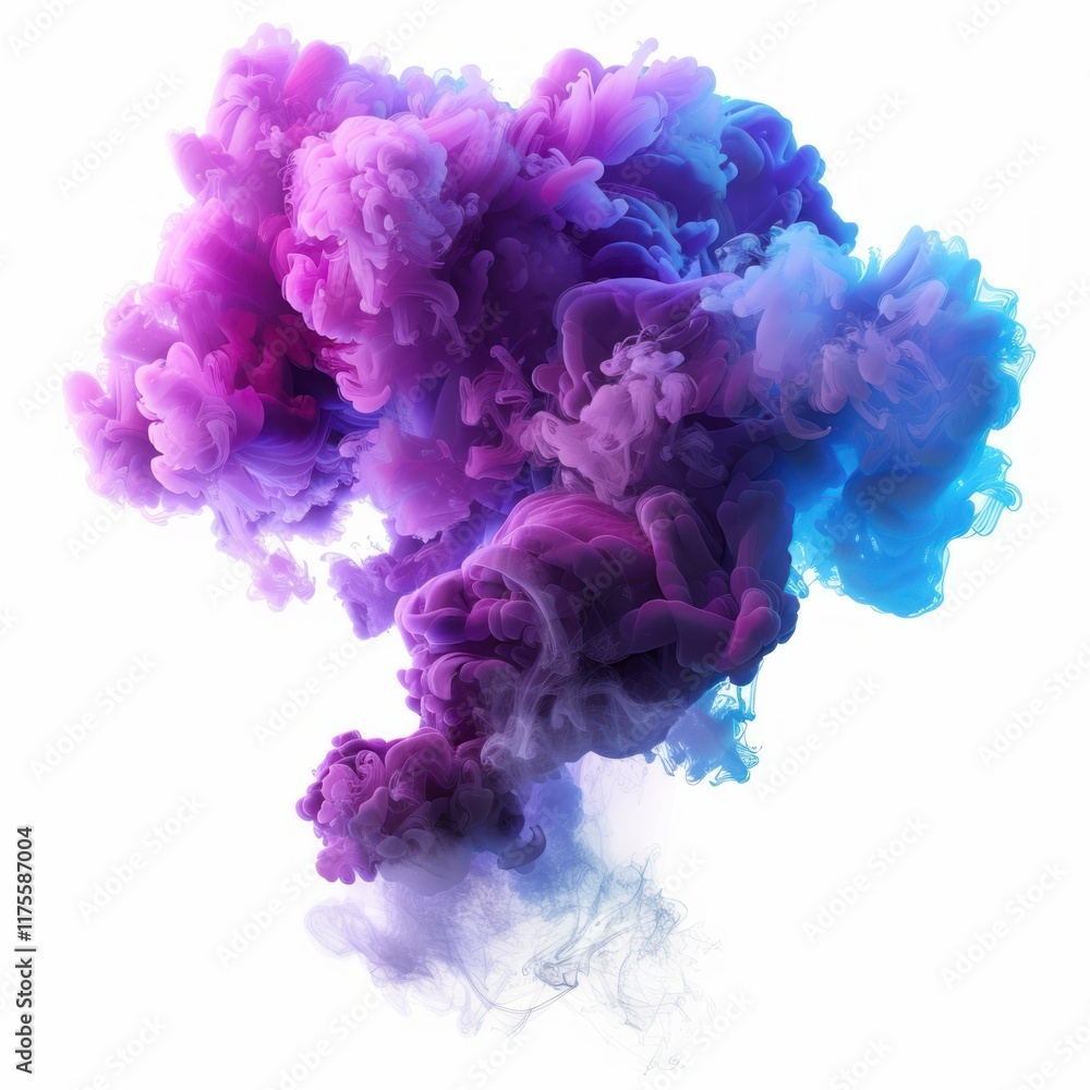 Poster purple and blue ink dissolving in water creating abstract shapes on a white background