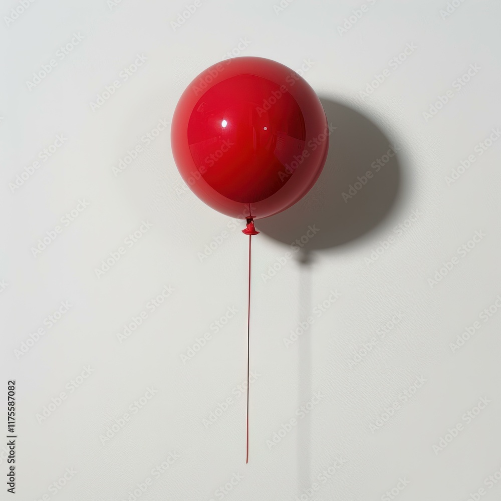 Poster single red balloon with string floating against a minimal white background, casting a shadow