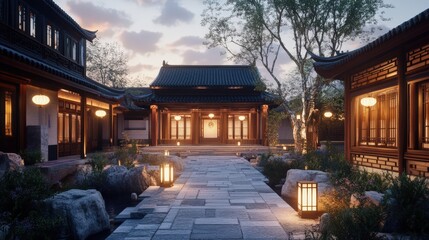 Serene Evening at a Traditional Chinese Courtyard House