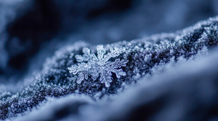Delicate snowflake resting on a bed of frost-covered surface in a winter landscape