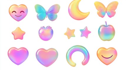 Pastel Iridescent Emojis and Shapes Collection on White Background.