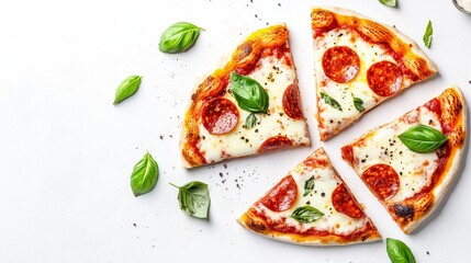 Pepperoni Pizza Slices Arranged on White Background with Basil Leaves