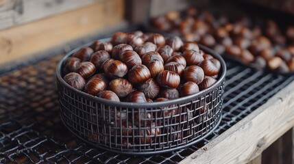 Obraz premium A basket filled with roasted chestnuts, showcasing their rich, dark brown color and texture.