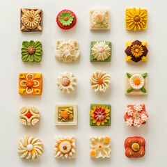 Fototapeta premium Artistic arrangement of colorful wagashi, showcasing traditional japanese confectionery