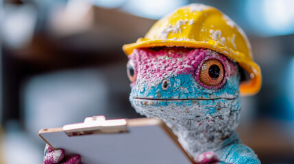 Colorful lizard wearing a construction helmet holds a clipboard in a workshop setting during daytime