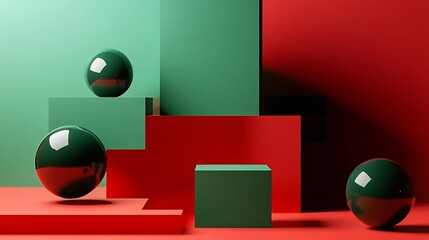 Geometric arrangement of spheres on square platforms against dynamic red and green background
