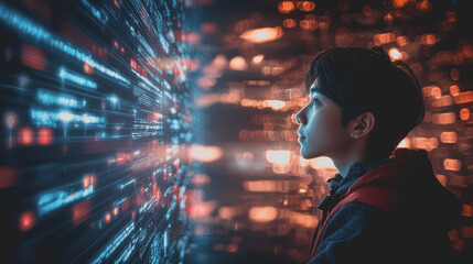 Young Boy Staring in Awe at Vibrant Wall of Colorful Lights Illuminating the Dark Space Around Him Creating a Magical and Enchanting Atmosphere Full of Wonder and Excitement for Children