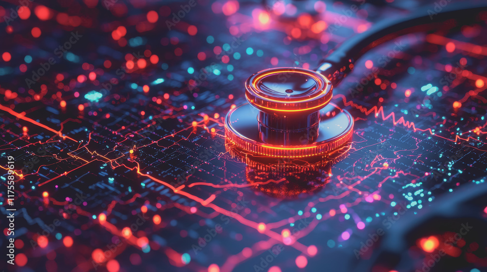 Poster vibrant red and blue circuit board featuring illuminating red light highlighting intricate electroni