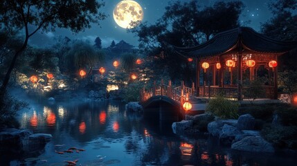 Serene Moonlit Garden With Pavilion And Bridge