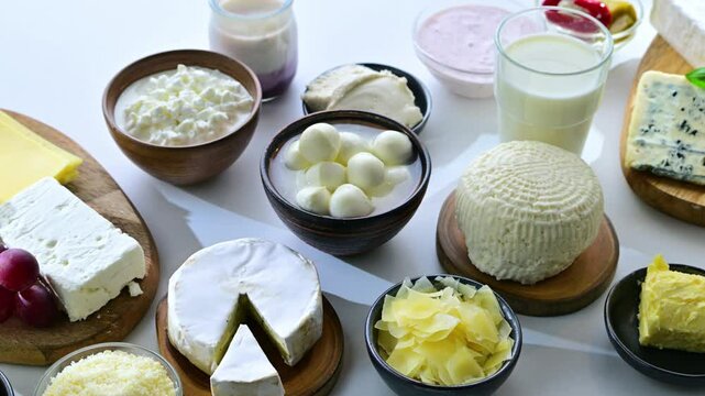A variety of dairy products including cheese, milk and yogurt.