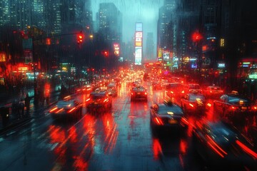 motion blur captures the frenetic energy of an urban highway during rush hour cars streaking past illuminated by city lights painting a vibrant picture of nightlife and bustling city life