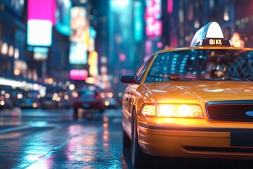 Yellow taxi driving through a busy urban street, weaving through city traffic