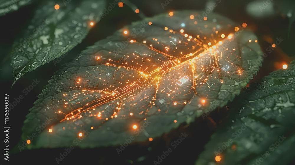 Poster a mystical leaf illuminated by ethereal glowing lights creating a dreamlike scene capturing the esse