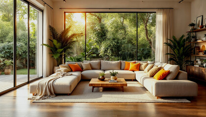 Fototapeta premium Modern, Natural Living Room with Large Windows