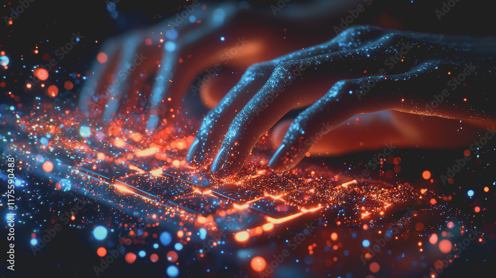 Poster a close up of a hand gently touching a modern laptop with a bright glowing background creating a fut
