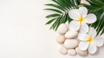 Tranquil spa setting with plumeria flowers, palm leaves, and smooth stones on white background