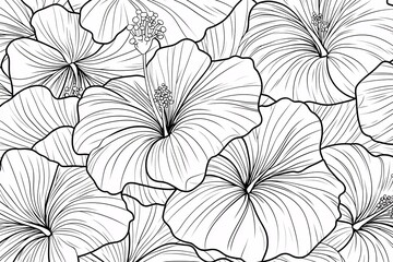 Seamless Pattern of Elegant Black and White Hibiscus Flowers Botanical Line Art Floral Design