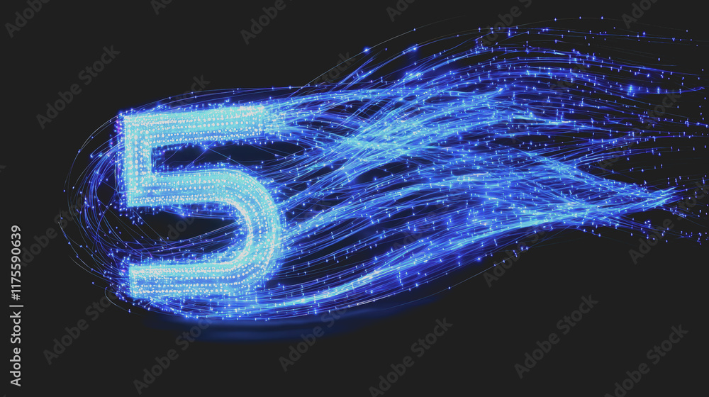 Poster Vibrant Blue and White Number Five Set Against a Deep Black Background Creating a Bold and Striking Visual Contrast That Captures Attention and Evokes Curiosity and Intrigue
