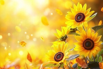 Fototapeta premium Vibrant Sunflowers in Autumnal Sunlight with Falling Leaves Nature Photography