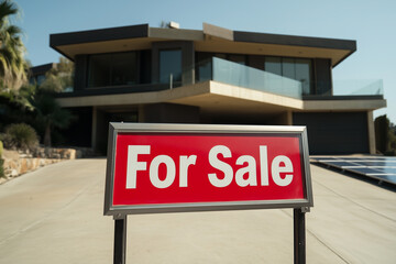 Fototapeta premium Modern House For Sale Sign in Front of Luxury Home