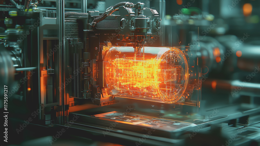 Poster intriguing industrial machine with a bright glowing orange light emitting from within creating a mys