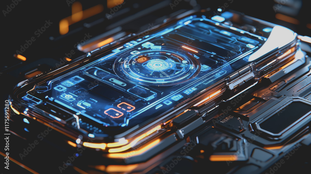 Poster close up of modern cell phone emitting soft blue light against a dark background highlighting its sl