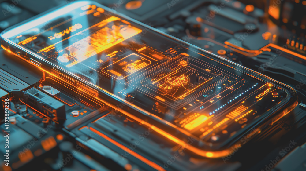 Poster intricate close up of a computer motherboard featuring detailed circuitry and electronic components 