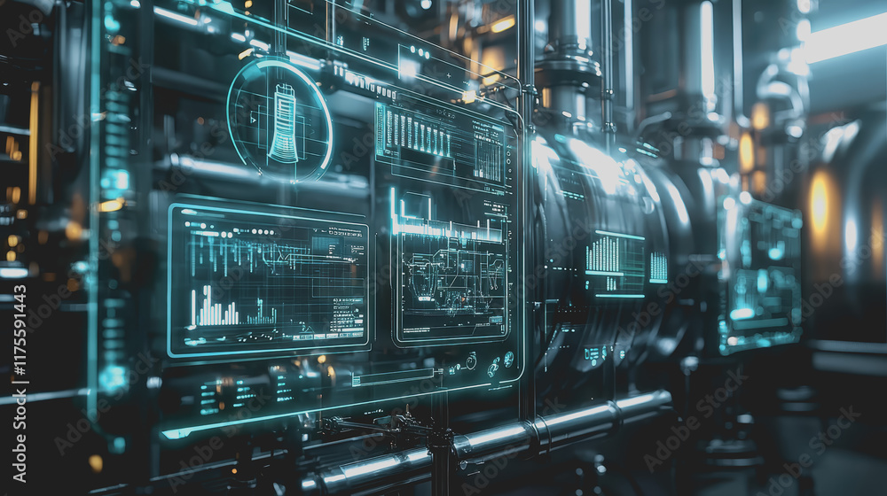 Poster intricate close up of an industrial machine room featuring a large digital screen displaying vital d