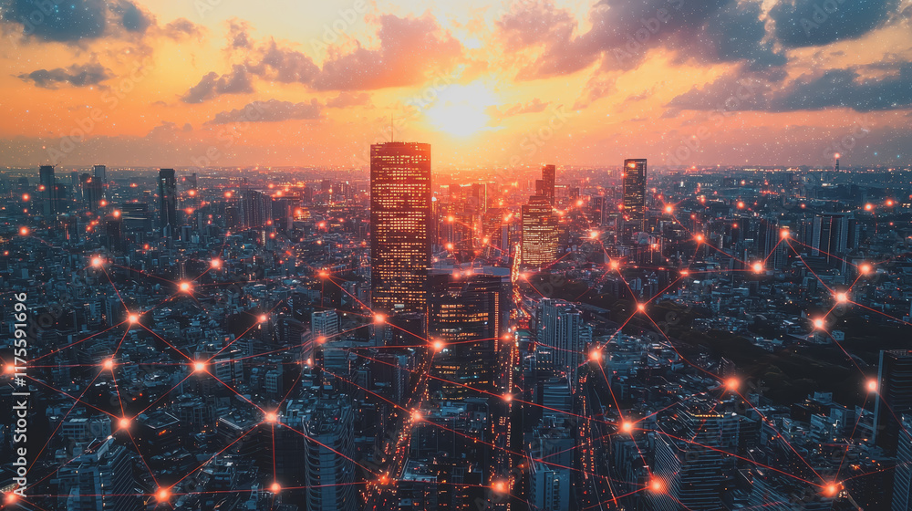 Poster vibrant urban landscape with interconnected lines in the sky creating a dynamic network of energy an