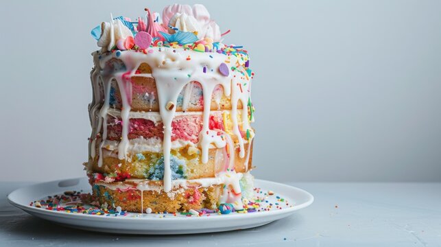 Cake with colorful chaotic layers, dripping icing, edible flower petals, and candy sprinkles, photographed on minimalist gray background. Playful, quirky design Valentine’s Day, birthday celebrations.